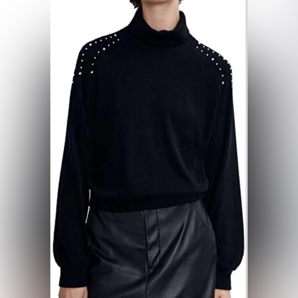 Zara Embellished Silver Studded Shoulder Black Turtleneck Sweater Size Small